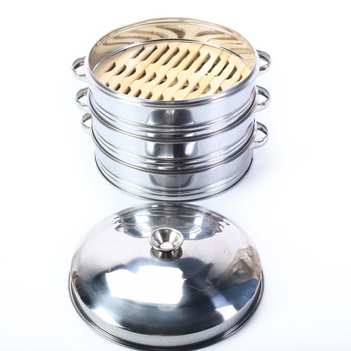 3-Tiers Bamboo Steamer Set Stainless Steel Home Kitchen Cookware Lid Tool Simple - Picture 6 of 11
