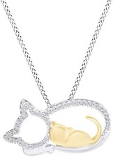2 Tone Sleeping Cat Kids Pendant 18" Necklace Natural Diamond Accent Sterling