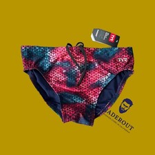 TYR mens Red blue Starhex Racer durafast elite Swim Brief swimwear size 32 34