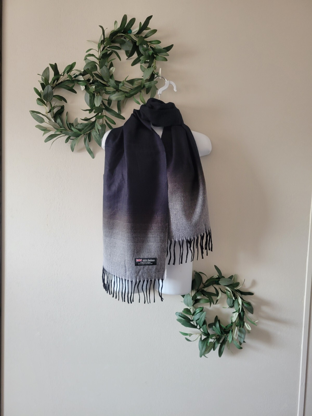 Cashmere Unisex Scarf Soft Warm Black Gray Ombre Made in Scotland 🍉-image