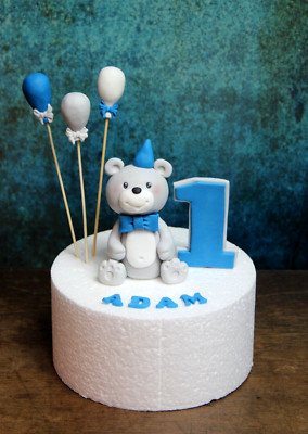 Essbarer handgefertigter süßer Teddybär mit Altersnummer, Name & 3 Luftballons Tortenaufleger