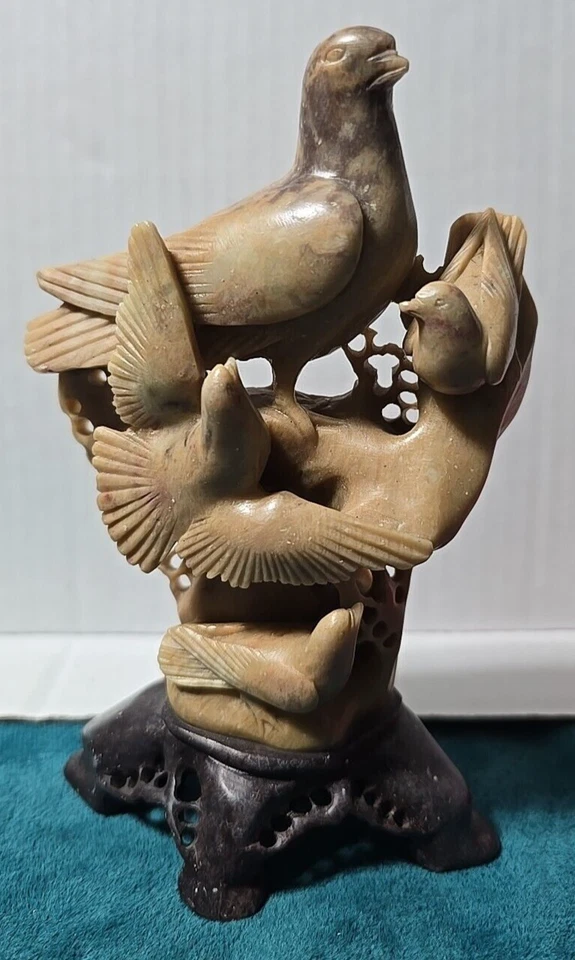 Старинный ручной резьбы птицы дерево китайский темно свет мыльный камень ножки статуэтка 6,5 «H - Изображение 2 из 4