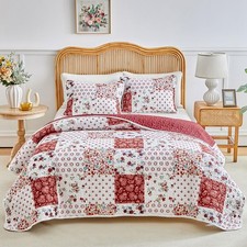 Joyreap 3 Pieces Floral Patchwork Quilt Set Twin Burgundy Red N White Flowers