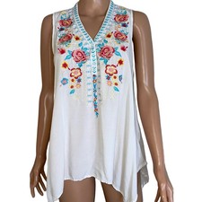 Sweet Jane top blouse embroidered top asymmetrical hem floral mixed media SZ L