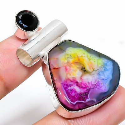 Rainbow Sollar Qartz Gemstone 925 Sterling Silver Jewelry Pendant Sz 1.65''