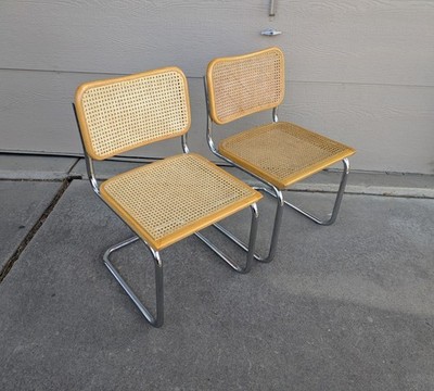 Vintage Pair MCM Chrome Cantilever Cane Chairs Marcel Breuer Cesca