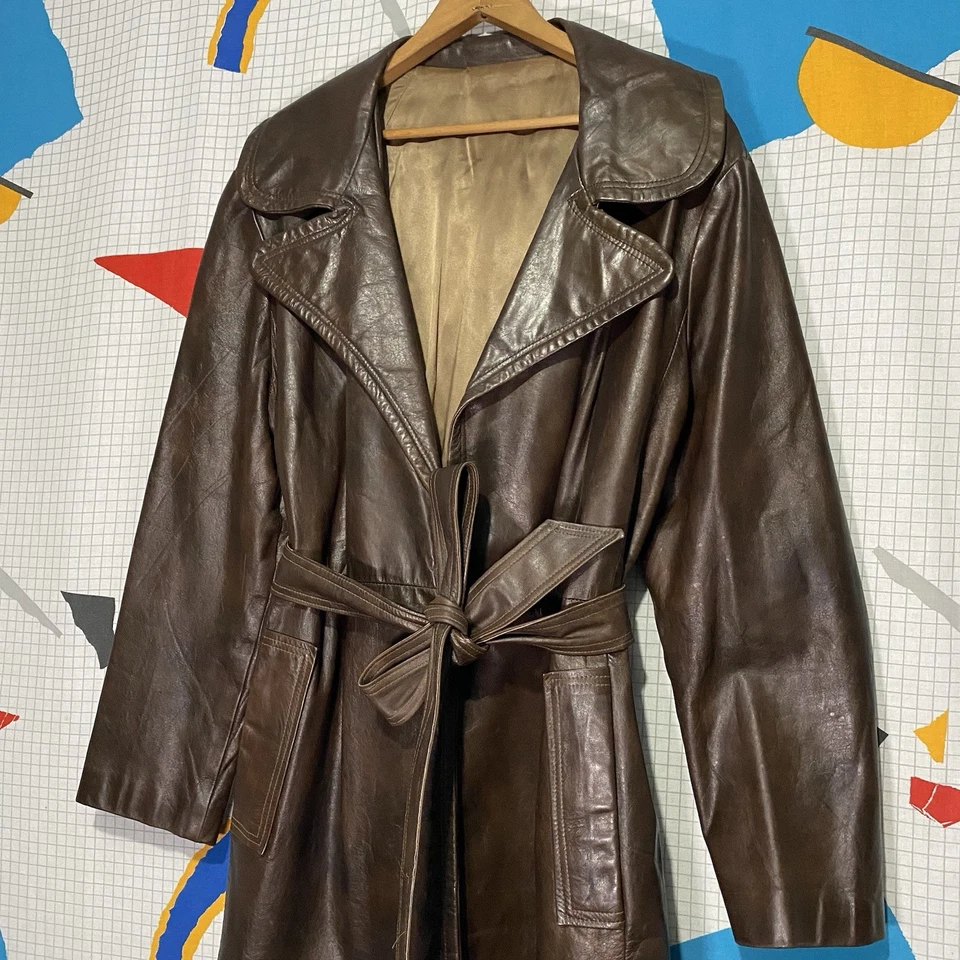 Gabardina de cuero de piel de colección de los años 60 envoltura de cinturón abierta solapa ancha Altman Foto 3 de 4