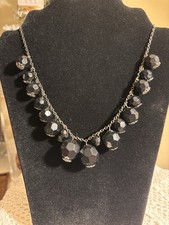 Vintage Black Beaded Bib Necklace-dark Silver Tone Chain- Elegant Statement