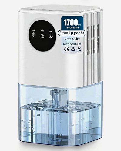 1700ml Tabletop Dehumidifier, Ultra-Quiet LED Light, 24hr Timer Auto Shut-Off