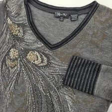 Miss Me Women's Gray Feather Sequins V-Neck Long Sleeve Thermal Top Size L