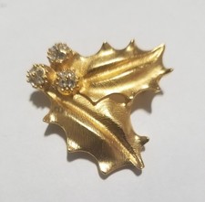 Broche de acebo vintage dorado con estrás hoja de acebo de Navidad piny con estrás