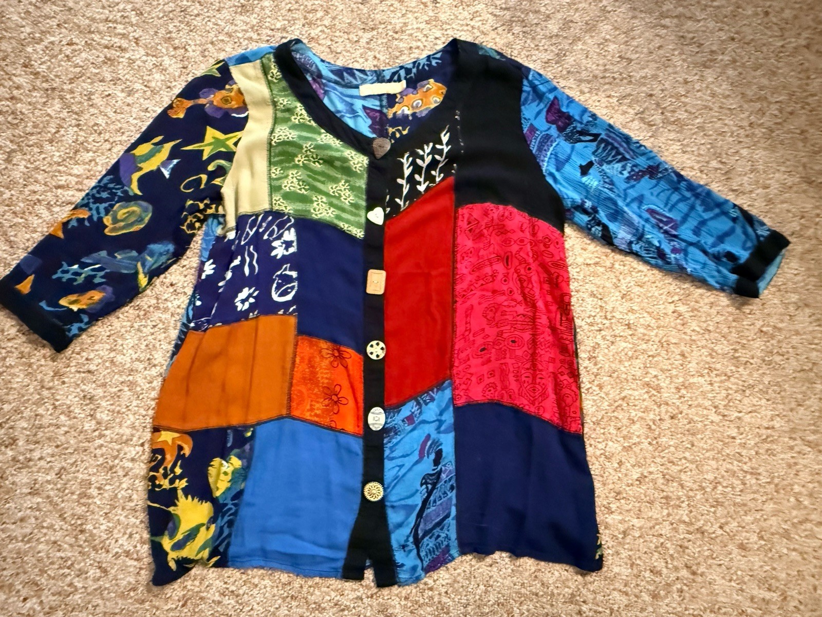 La Cera Patchwork Funky Button Tunic Top Size L B… - image 1