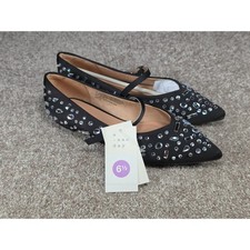 A New Day Gabriella Black Satin Rhinestone Mary Jane Pointed Toe Flats 6.5 NEW