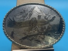 Bald Eagle Mountain Scene Belt Buckle Made in USA Western Gold Trim Wildlife VTG
