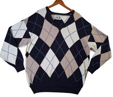 Pringle Of Scotland Hand Intarsia 100 Cotton Check V-Neck Sweater Size Large