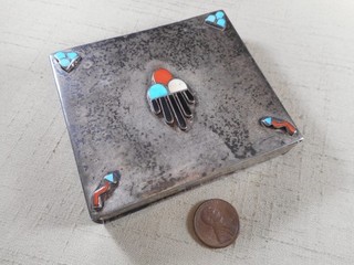 FRED HARVEY era large silver Zuni box with inlaid designs WOW!!!