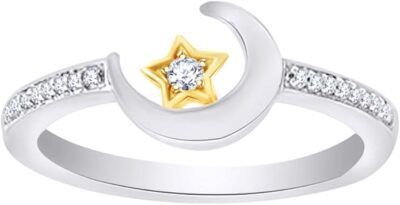 1/10ct Natural Diamond Moon & Star Two-Tone Ring in 925 Sterling Silver
