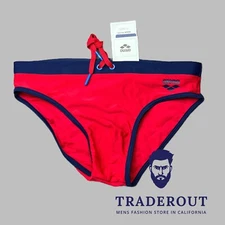 Arena men red navy Fundamentals borders swim brief swimwear size 32 34 36