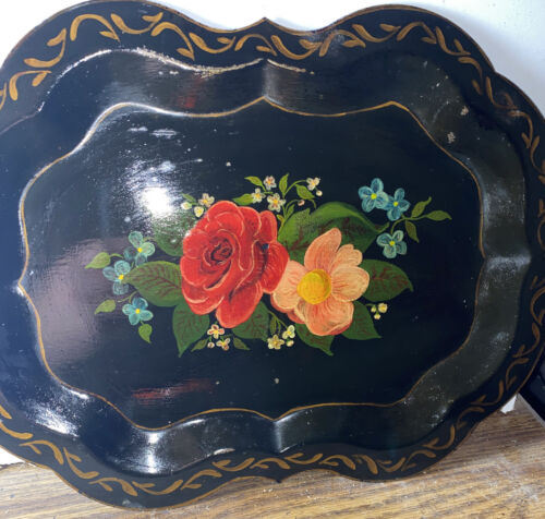 toleware black tin hand painted tray 14”x11”ornate Scalloped Rim Vintage - Afbeelding 1 van 11