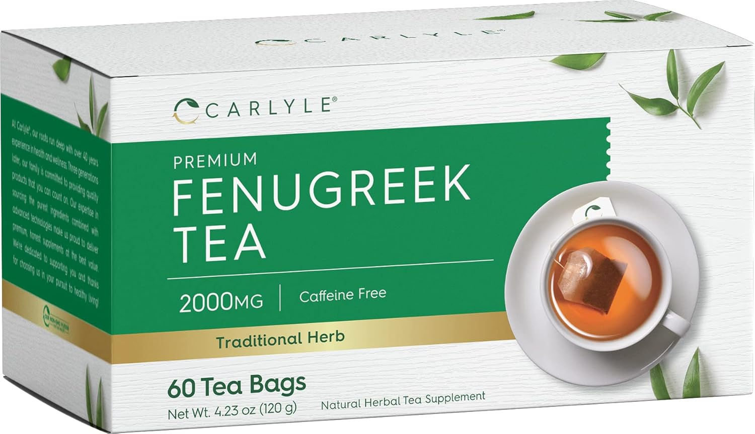 Té de semillas de fenogreco Carlyle | 60 bolsitas de té | Sin cafeína | Vegetariano, sin transgénicos y transgénicos