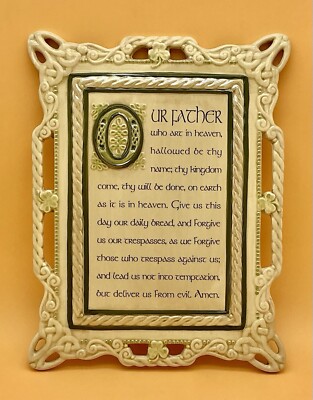 Vintage The Lord s Prayer 3D Wall Plaque w/ Celtic Shamrock accents Ceramic 7x9