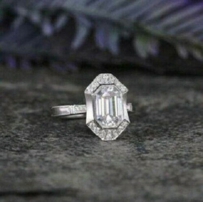 4Ct White Emerald Cut CZ Engagement Wedding Ring Solid 925 Sterling ...
