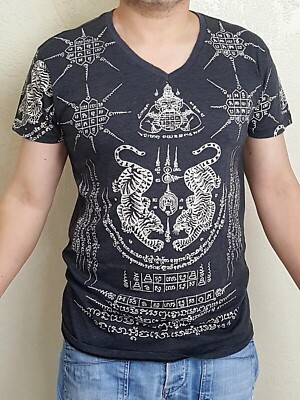 Tiger Muay Thai Tattoo T-Shirt Men Work 5 Lines Rahu Yantra Sak Yant Amulet WK06