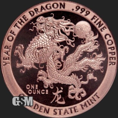 LOT OF 100 X 1 OZ YEAR OF THE DRAGON 2024 .999 FINE COPPER ROUND