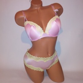 Victoria Secret Bra Set Tease Push Up Cheeky Panty Pink Yellow Lace Trim New
