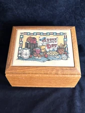Vintage Solid Oak Divided Recipe Box Tile Inlay Brass Hinges