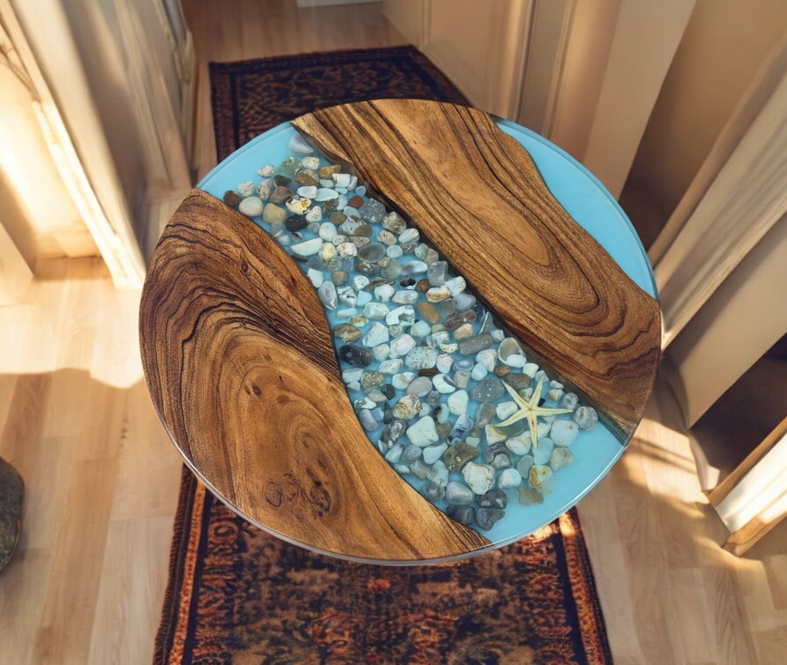 36-Inch Round Clear Epoxy Resin Coffee Table with Natural Acacia Wood Live Edge for Modern Home Decor