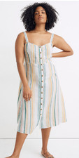 Madewell Linen Fitted-Bodice Midi Dress Pale Parchment Carnival L3446 Size 14