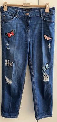 MATALAN Ladies Size UK 14 Ripped Knee Woman s Blue Denim Embroidered Jeans W34