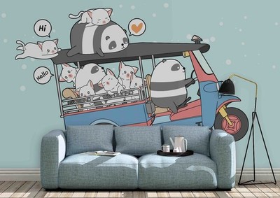 3D Tricycle Panda Cat Cartoon Wall Murals Wallpaper Murals Wall Sticker