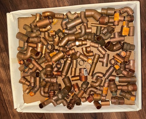 135 pc. lot 8 lbs copper 90 degree elbows, sleeves, screw fittings, plugs etc...