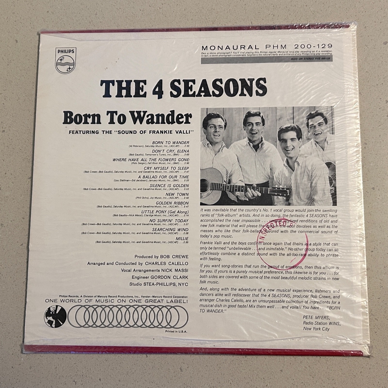 SEALED!! THE 4 (FOUR) SEASONS "Born To Wander" MONO Lp 1964 PHILIPS PHM 200-129
