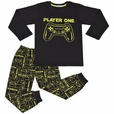 Kids Girls Boys Pyjamas Player One Contrast Top Bottom Black PJS Sleepwear Set