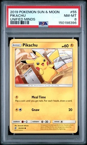 2019 POKEMON SUN & MOON UNIFIED MINDS #55 PIKACHU PSA 8