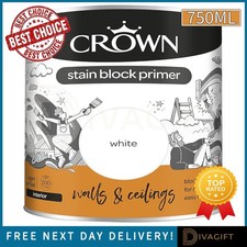 CROWN STAIN BLOCK PRIMER WHITE PAINT 750ML FOR INTERIOR WALLS & CEILINGS NEW