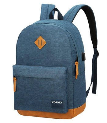 Laptop Backpack Leather Decoration USB Charging Port Classic 18 Inches Navy