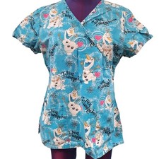 Disney Frozen Olaf Medical Nurse Scrub Top Winter Light Blue Size Small Women's