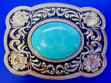 Centered Turquoise Cabochon Stone 30X40 Cab On NOS Ornate Western Belt Buckle
