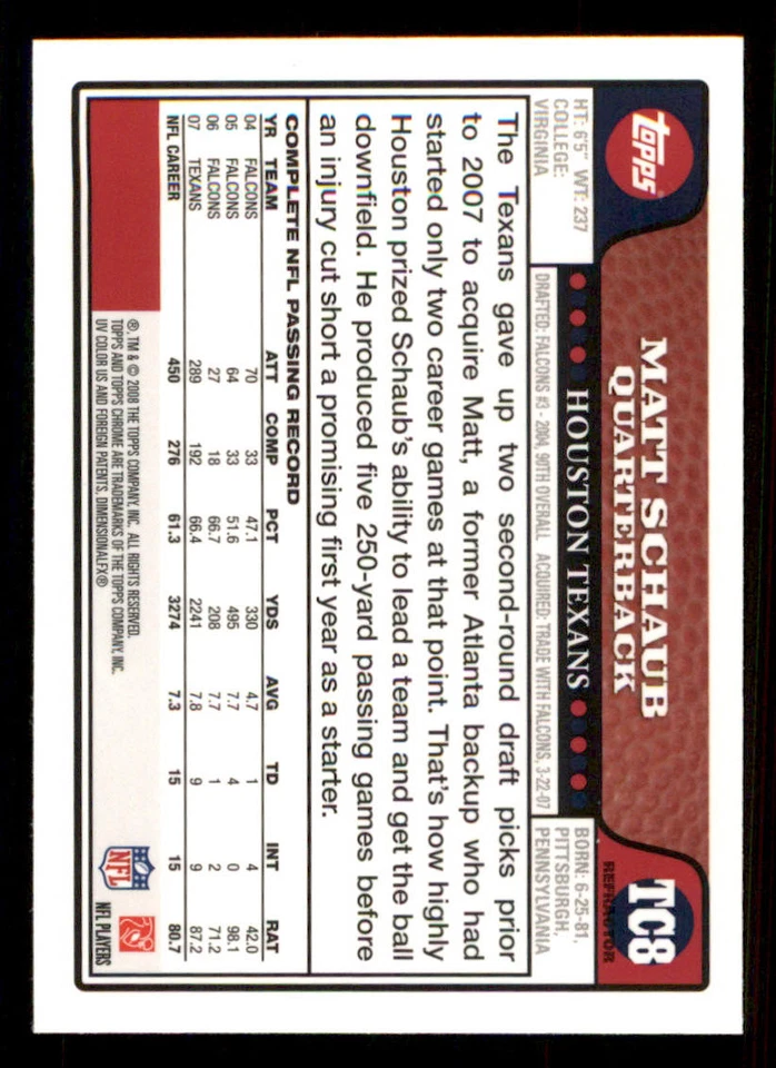 2008 Topps Chrome Refractors #TC8 Matt Schaub - Image 2 of 2