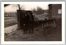 Vtg B&W Snapshot Couple Outdoors By Wagon 1940s