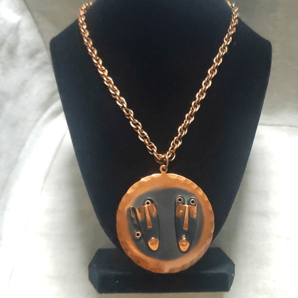 Vintage MCM Copper Rebejas Comedy Tragedy Copper Pendant Necklace