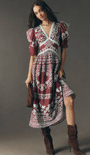 Farm Rio x Anthropologie Printed V-Neck Puff-Sleeve Maxi Dress Size M