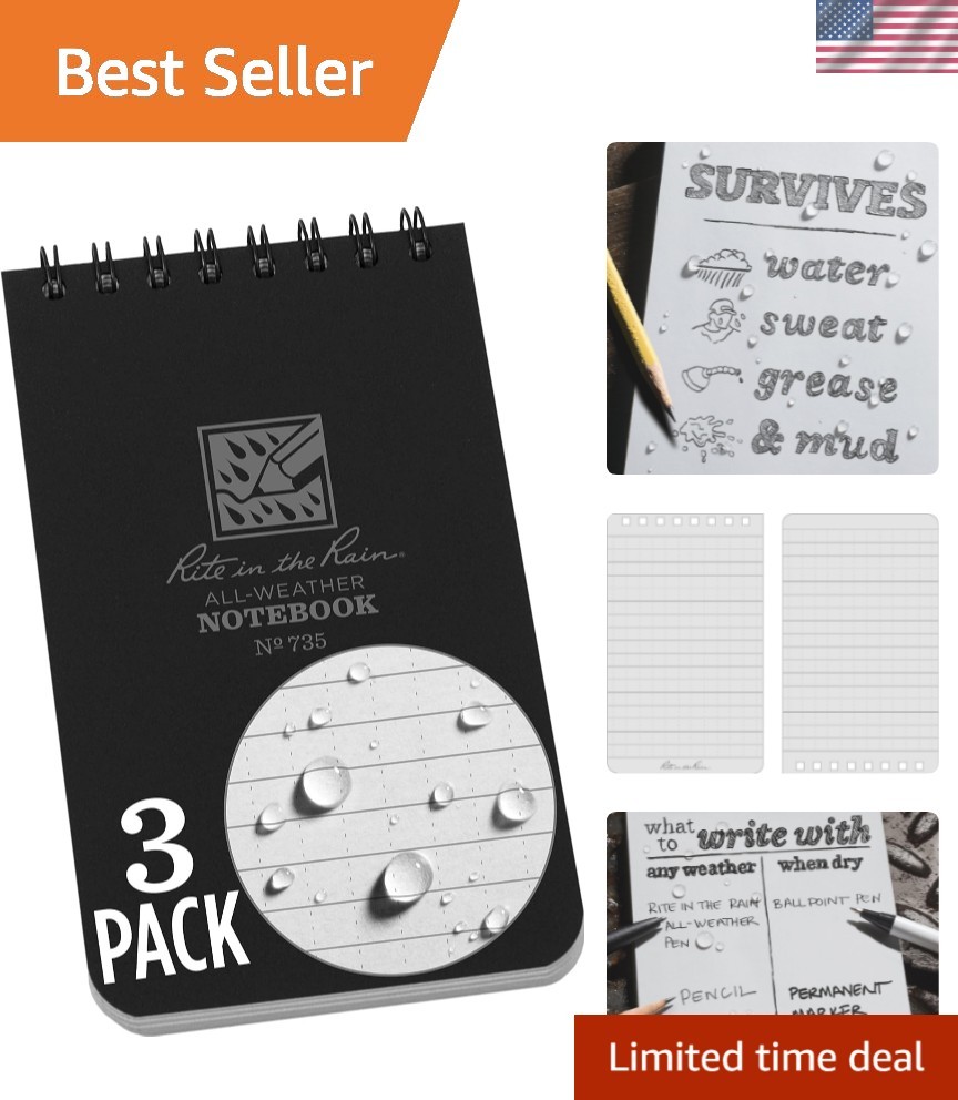 Weatherproof Top Spiral Notebook, 3" x 5", Black Cover, Universal Pattern, 3 ...