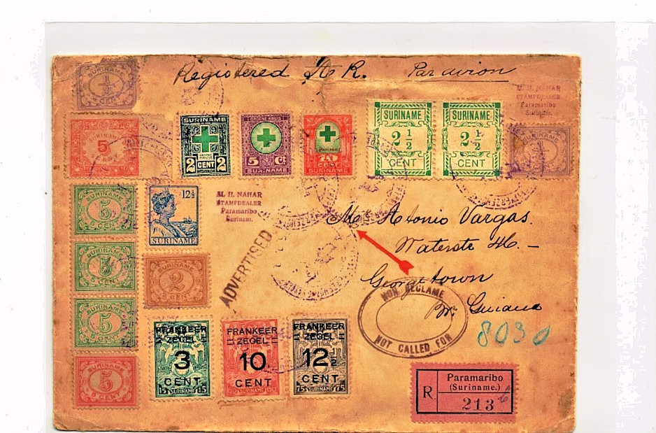 1929 Registered First Flight unclaimed cover  Suriname to British Guiana