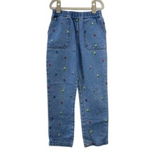 MINI BODEN Flower Jeans Girls 7-8 Embroidered Denim Blue Jean Pull On