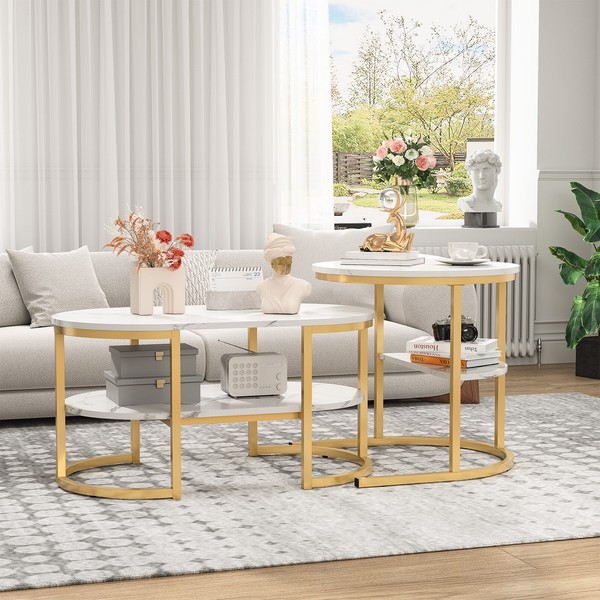 2Er Set Couchtisch Rund / Rechteckig Sofatisch Beistelltisch Mit Metallgestell-image
